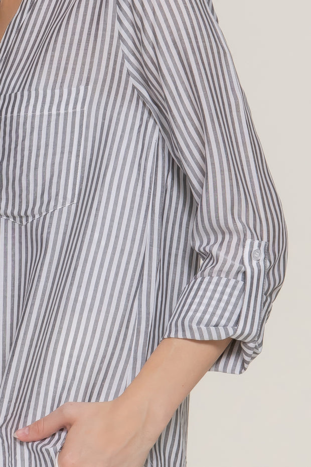 Long Sleeve Split Round Neck Stripe Woven Shirt