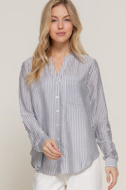 Long Sleeve Split Round Neck Stripe Woven Shirt