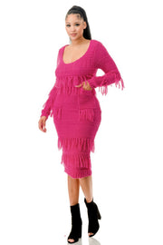 Knit Long Sleeve Fringe Dress