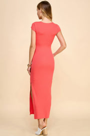 Crew Neck Cap Sleeve Rib With Lining Maxi Dress