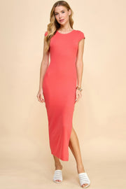 Crew Neck Cap Sleeve Rib With Lining Maxi Dress