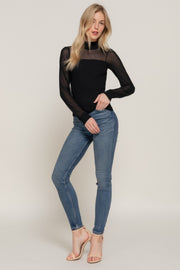 Long Sleeve Mesh Panel Detail Sweater Top