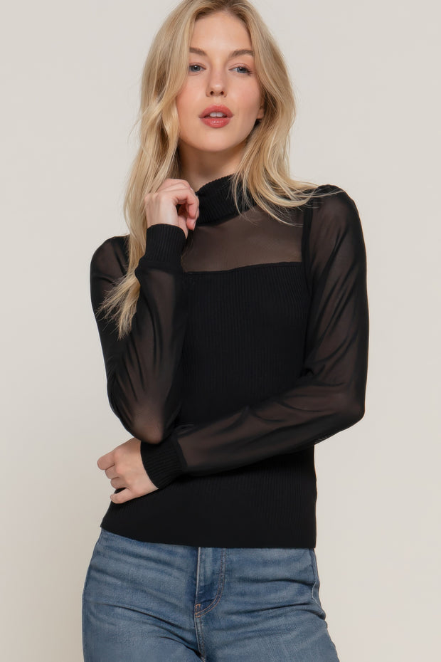 Long Sleeve Mesh Panel Detail Sweater Top