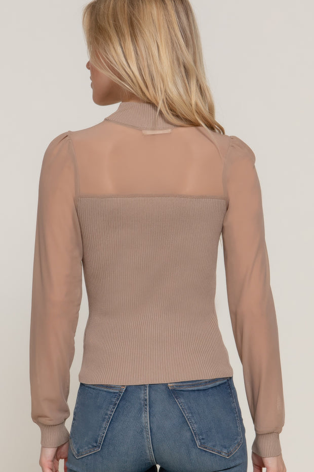 Long Sleeve Mesh Panel Detail Sweater Top