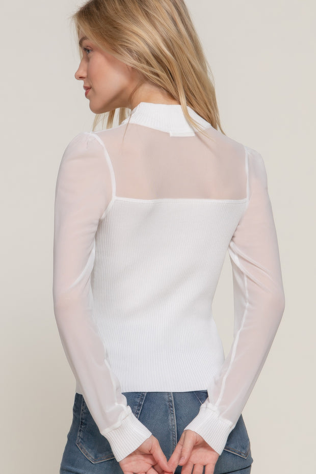 Long Sleeve Mesh Panel Detail Sweater Top