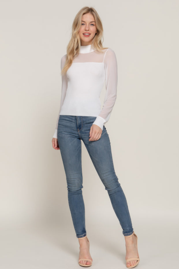 Long Sleeve Mesh Panel Detail Sweater Top