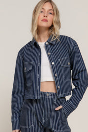 Button Down Stripe Denim Short Jacket