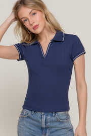 Short Sleeve Line Detail Polo Rib Knit Top