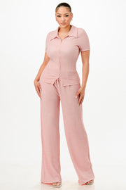 Textured Polo Top And Pants Set