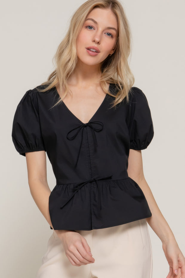 Short Puff Sleeve Tied Popline Top