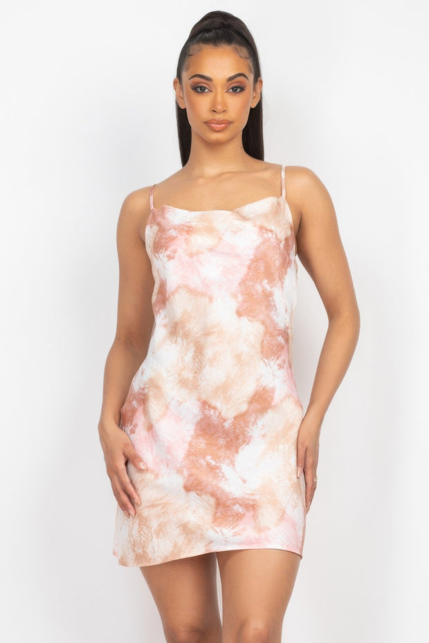 Satin Print Cowl Neck Dress