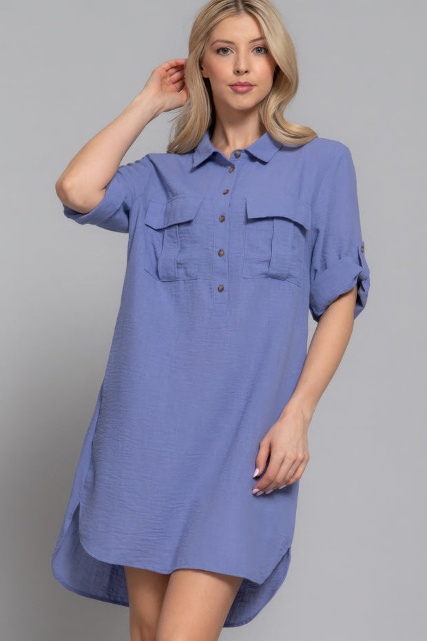 Roll Up Short Sleeve Straight Linen Effect Mini Dress