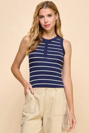 Button Detail Contrast Binding Stripe Tank Top