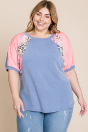 Plus Size Neon Animal Print Contrast Casual Top