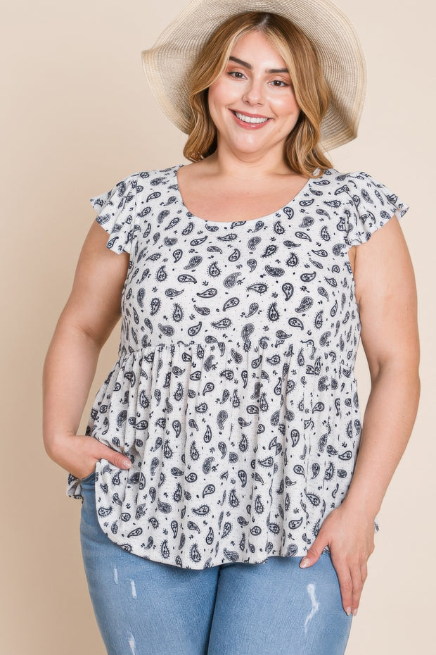 Plus Size Paisley Flutter Sleeves Top