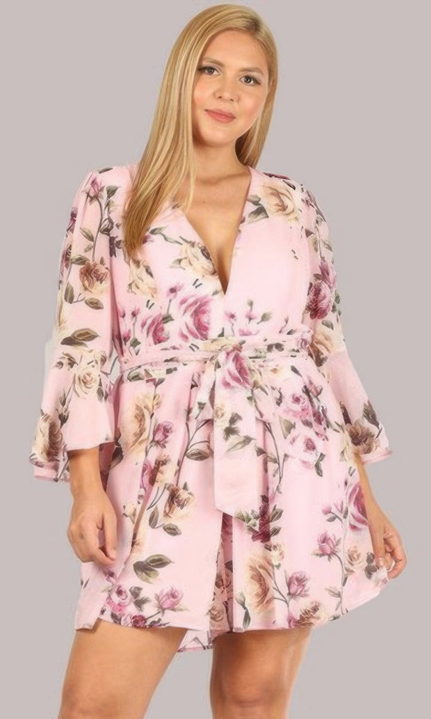 Floral Chiffon 3/4 Sleeve Tie Waist Romper (Plus Size)