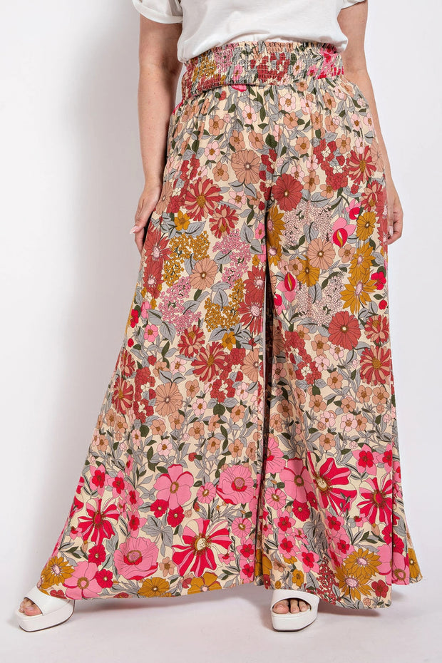 Flare Wide Leg And Waist Smocked Pants With Side Pocket (Plus Size)