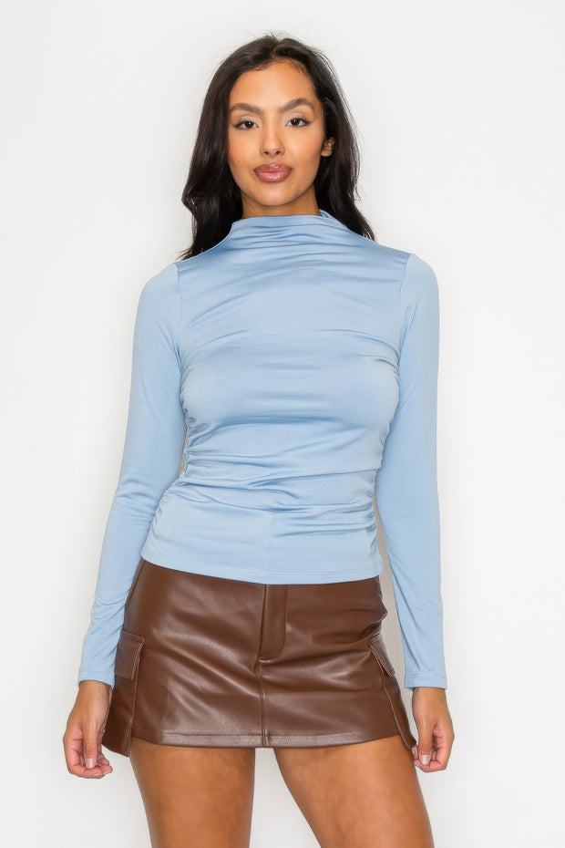 Mock Neck Ruched Solid Top
