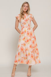 Ruffl Sleeve Smocked Floral Print Dress