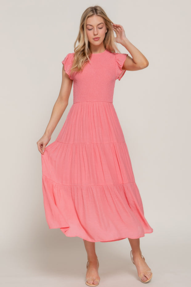 Ruffle Sleeve Smocked Solid Tired Dress
