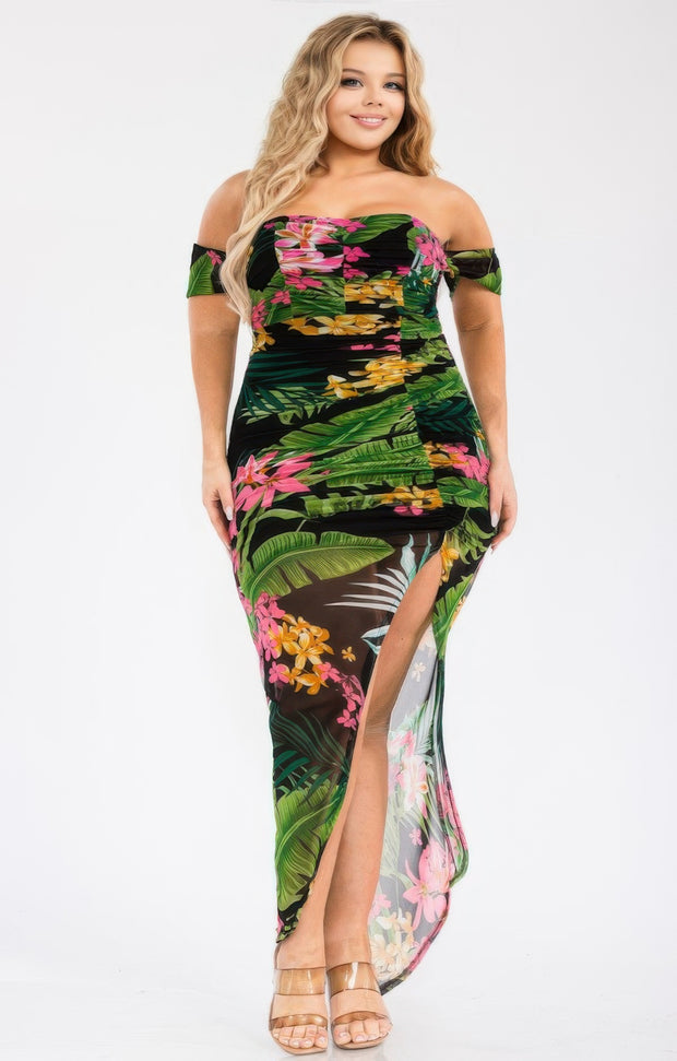 Plus Tropical Off Shoulder Draped Sleeve Maxi Dress
