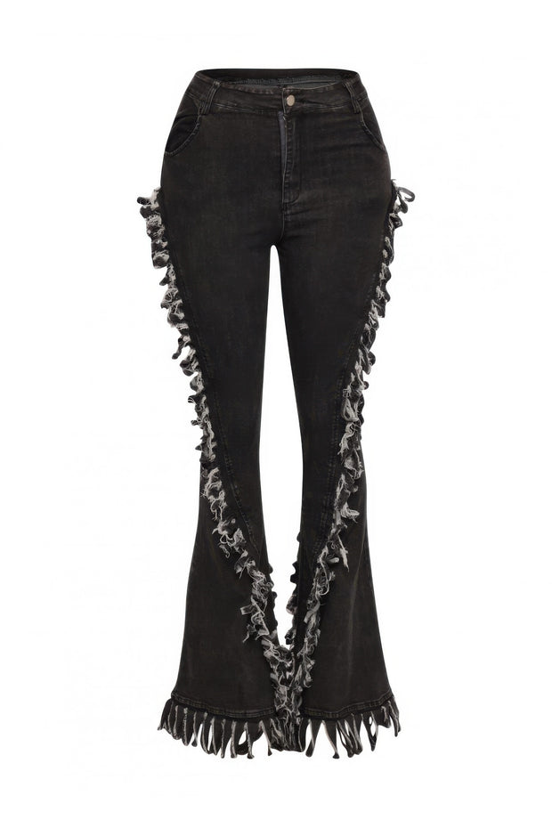 Distressed Fringe Denim Flared Pant (Plus Size)