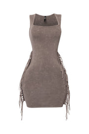 Mineral Washed Side Fringe Mini Dress