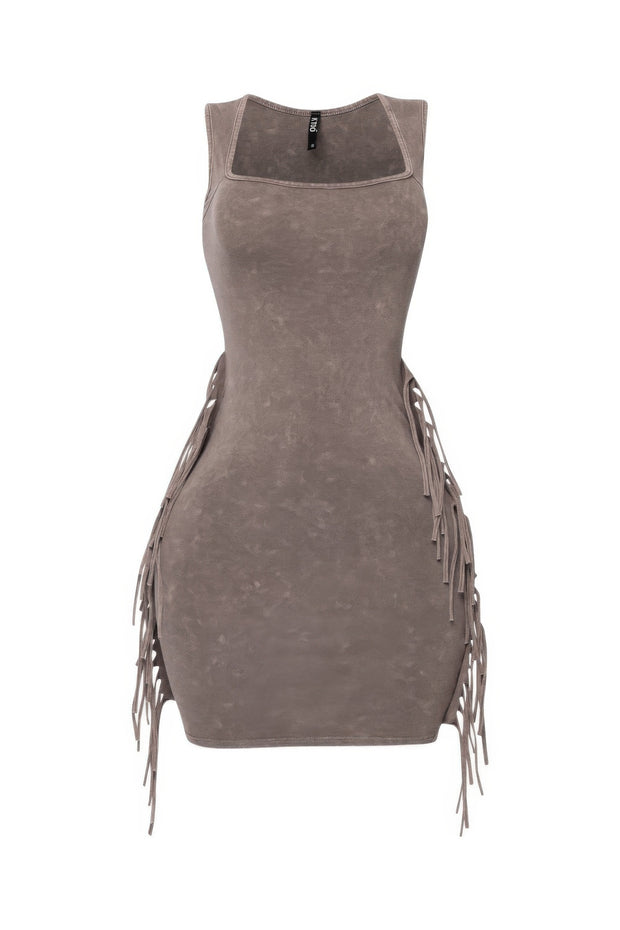 Mineral Washed Side Fringe Mini Dress