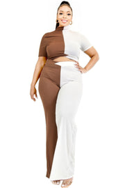 Plus Color Block Mock Neck 2 Piece Pants Set