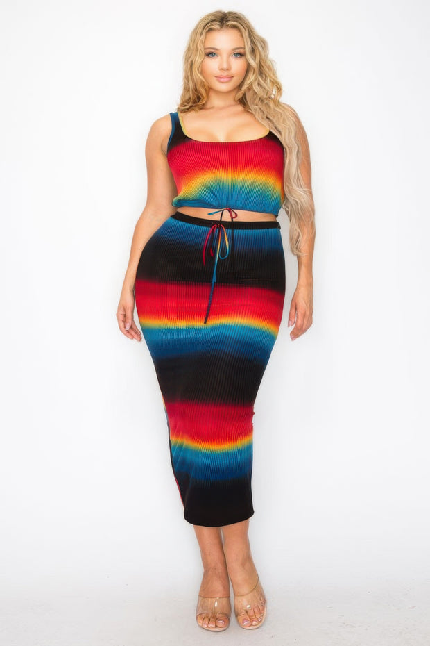 Plus Sleeveless Tie Dye Stripe 2 Piece Skirt Set