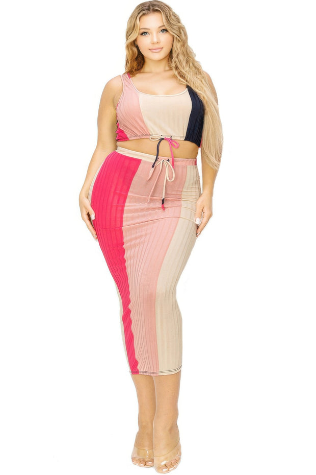Plus Sleeveless Color Block 2 Piece Skirt Set