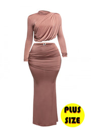 Plus Size Shirring Detailed Top & Long Skirt Set
