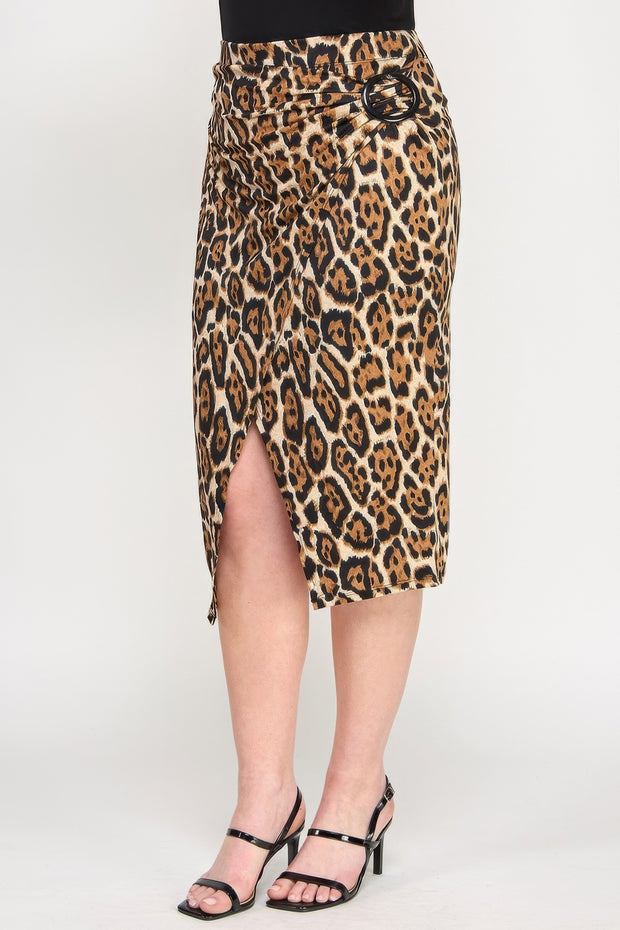 Plus Leopard Print Asymmetric Skirt With Buckle