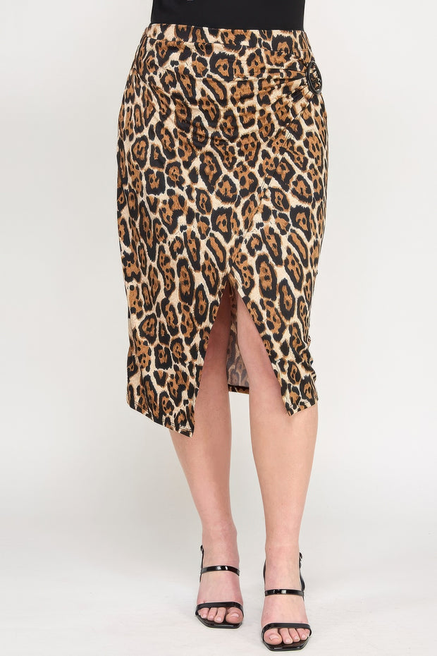 Plus Leopard Print Asymmetric Skirt With Buckle