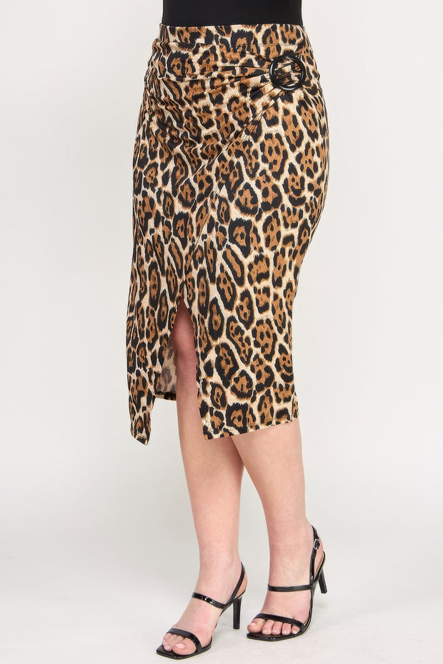 Plus Leopard Print Asymmetric Skirt With Buckle