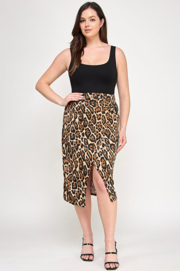 Plus Leopard Print Asymmetric Skirt With Buckle