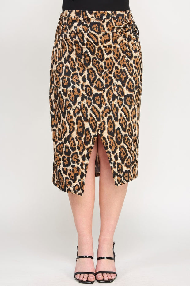 Plus Leopard Print Asymmetric Skirt With Buckle