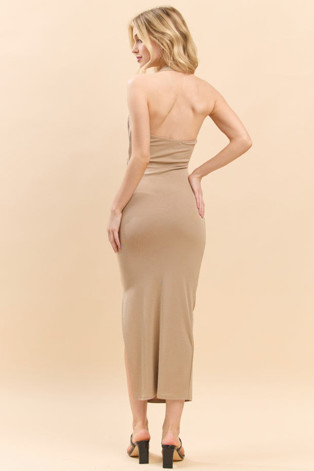 Halter Neck Ruched Asymmetrical Side Slit Dress