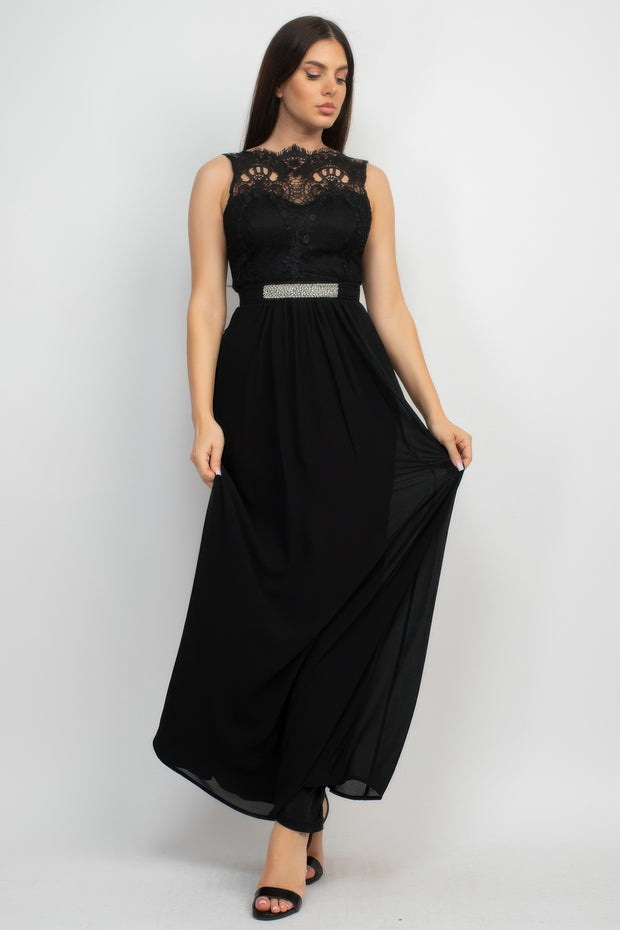 Jewel Waist-tie Lace Maxi Dress