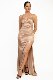 Ruched Side Slit Lace-up Maxi Dress