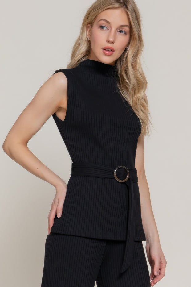 Sleeveless Mock Neck Waist Belt Rib Knit Top