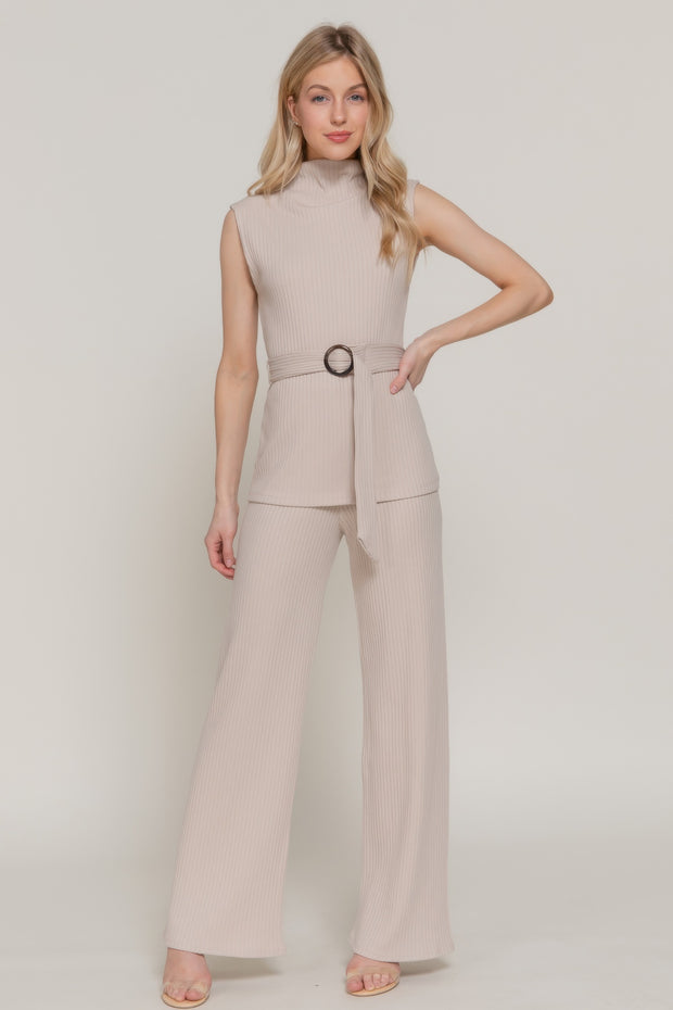 Sleeveless Mock Neck Waist Belt Rib Knit Top