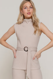 Sleeveless Mock Neck Waist Belt Rib Knit Top