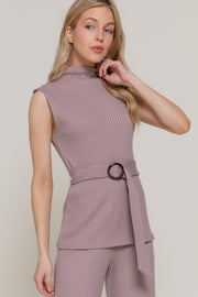 Sleeveless Mock Neck Waist Belt Rib Knit Top