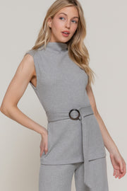 Sleeveless Mock Neck Waist Belt Rib Knit Top