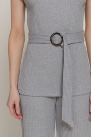 Sleeveless Mock Neck Waist Belt Rib Knit Top
