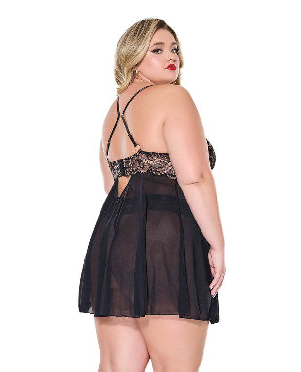 Lace and Mesh Underwire Babydoll With Thong - Black/Rose Gold (Plus Size)