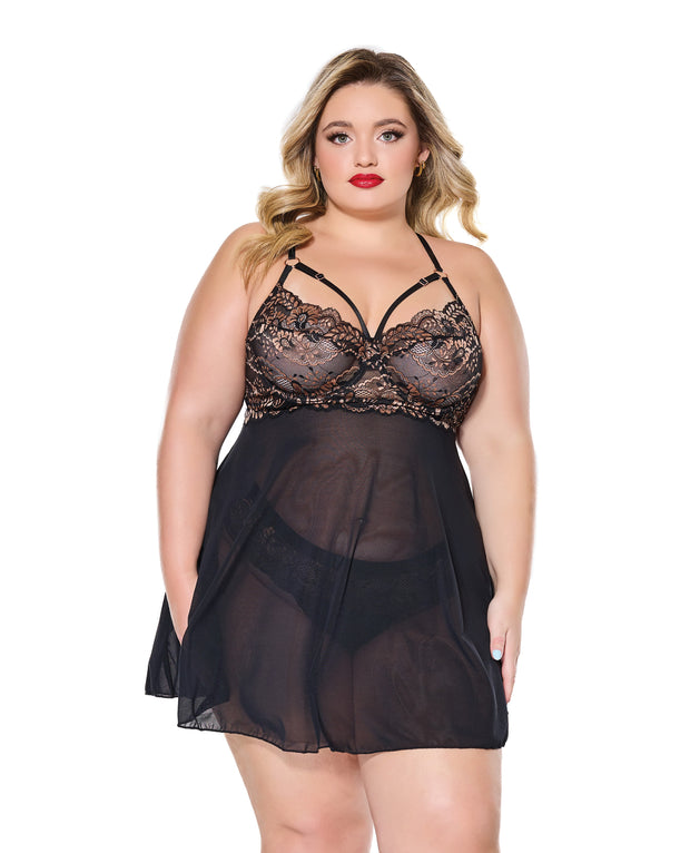 Lace and Mesh Underwire Babydoll With Thong - Black/Rose Gold (Plus Size)