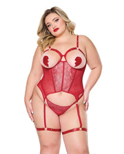 Metallic Stretch Scallop Lace and Mesh Bustier With Thong - Red (Plus Size)