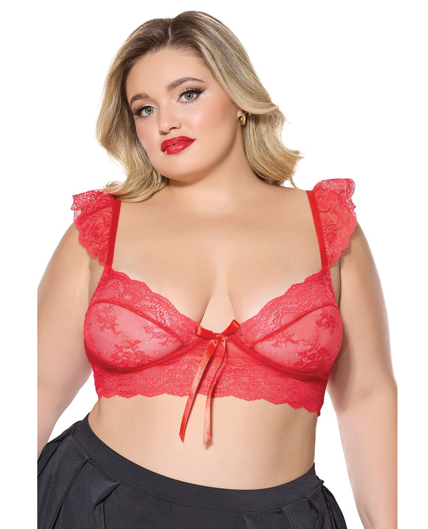 Scallop Stretch Lace Soft Cup Bralette - Red (Plus Size)